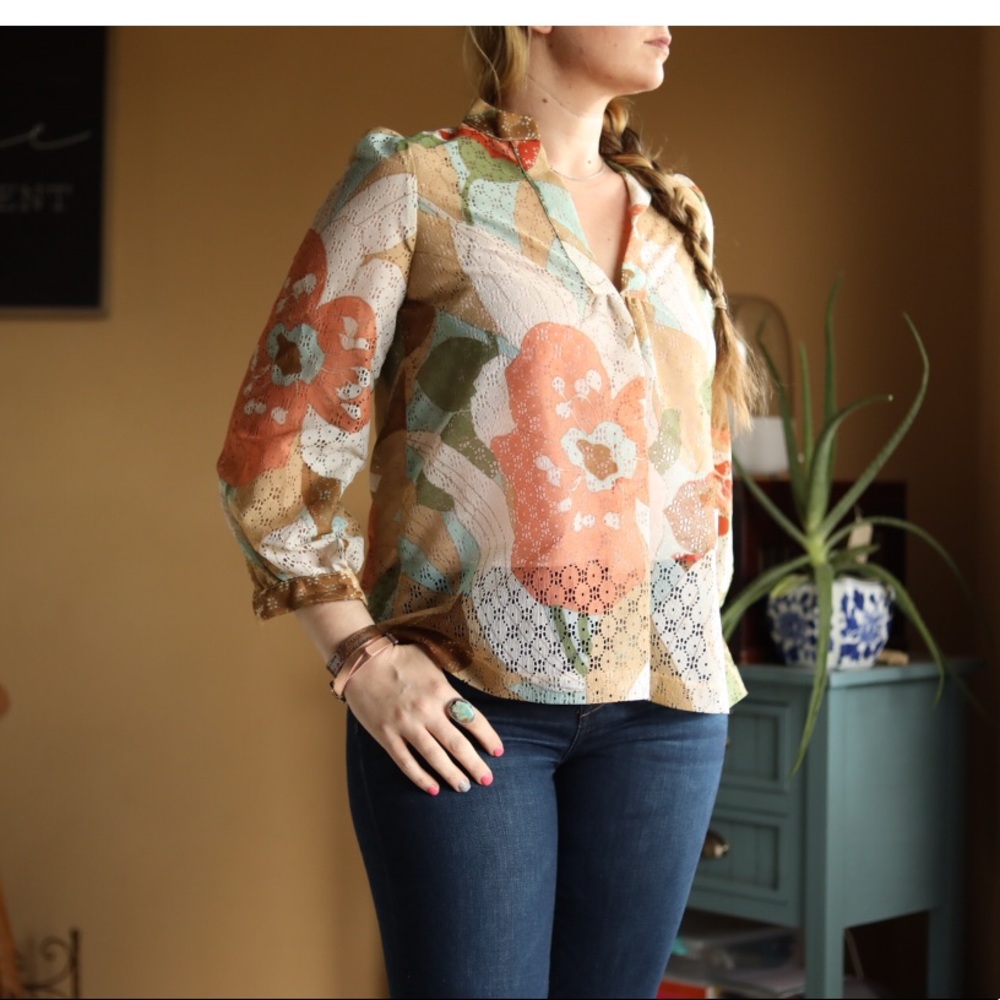 Vintage Beach Party Top Blouse 3/4 sleeve medium